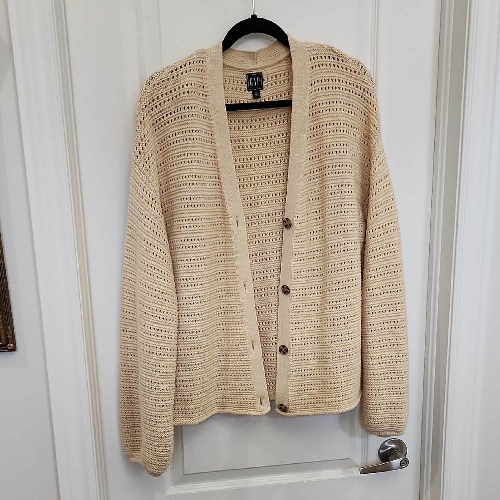 GAP Cream Open-Weave Button Front Cardigan 100% Cotton In LARGE TALL